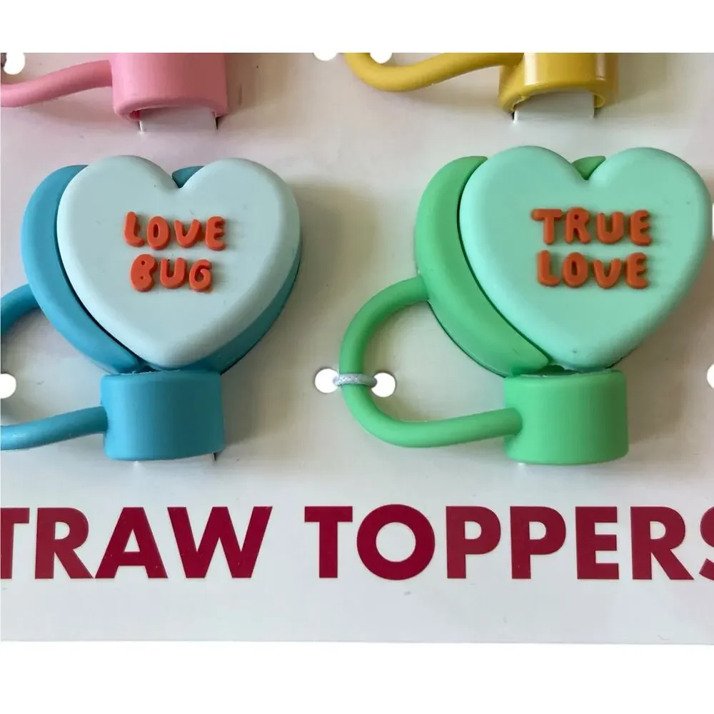 Conversation Heart Straw Toppers 6pk Valentines Day Multicolor Silicone XO New